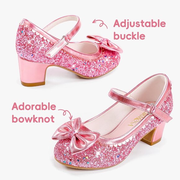 Girls Pink Sequins Cute Bow-knot Sparkle Mary Jane Flower Wedding Dress Shoes - Picture 5 of 7